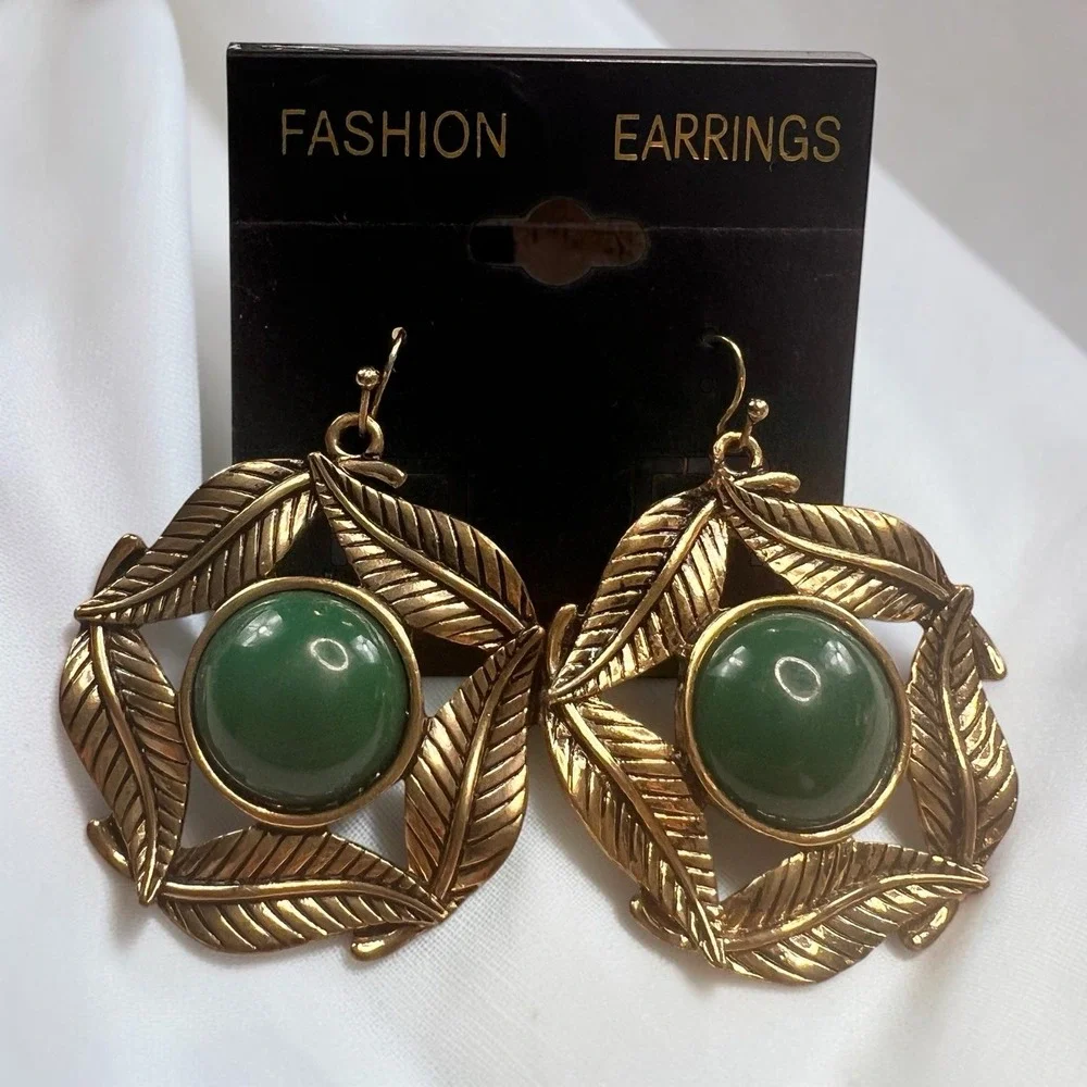 Earrings Hook Jade Green Color Fashion Jewelry Statement 1.5 in